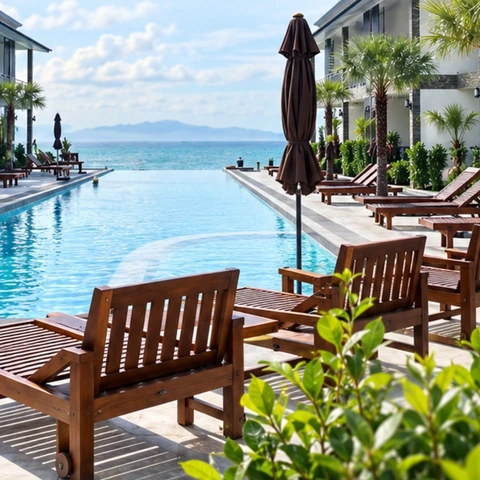 ผลงานไม้จริงวิสุทธิ์ วูด: โรงแรม Double Rock Beach Hotel เกาะพะงัน — งานไม้ภายนอกรอบสระ — เตียงอาบแดดและชุดเก้าอี้ไม้